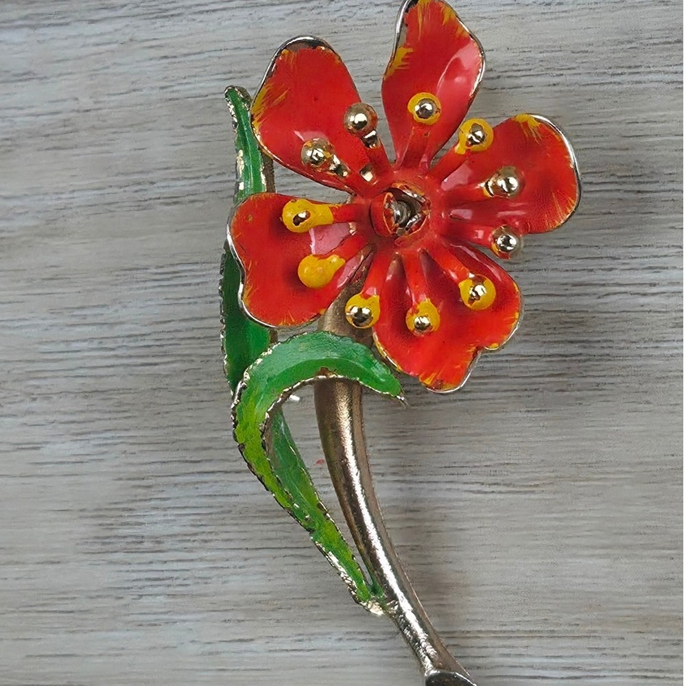 Vintage 1960s Enamel‎ Flower Brooch Pin Red Yellow Stamen Green Stem Mod